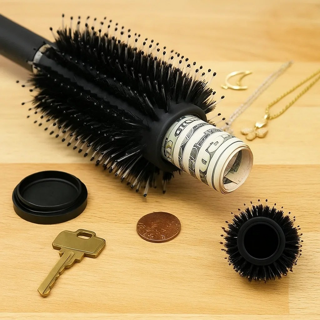 Black hairbrush with rolled-up dollar bill, key, coin, and smaller brush on wooden surface nz