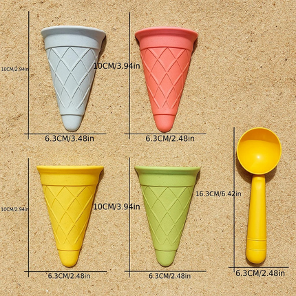 Colorful ice cream cone-shaped molds and a scoop with measurements on a textured beige background