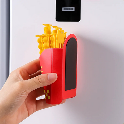 Red and yellow novelty phone case shaped like a container of fries that clip bags held by a hand.