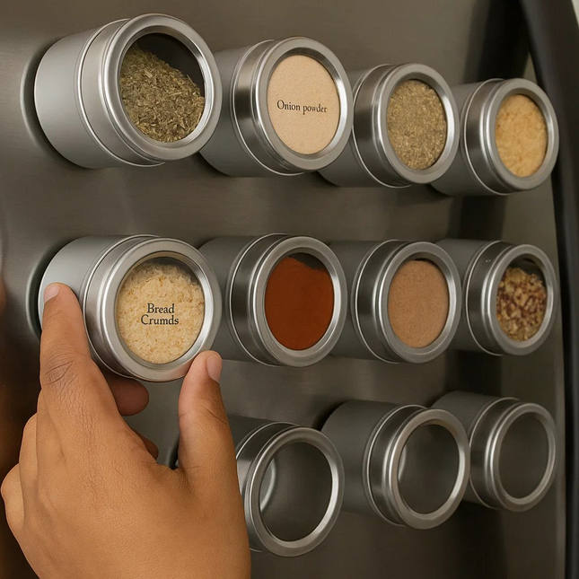Magnetic spice jars on fridge – clear storage containers filled with spices for kitchen organisation – Lowkey.co.nz New Zealand gift store