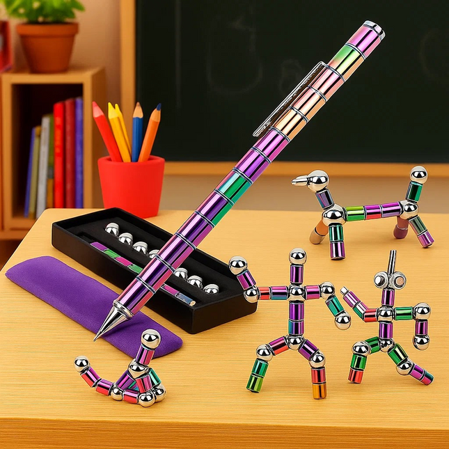Colorful magnetic pen with assembled figures on a wooden surface, with books and a plant in the background.