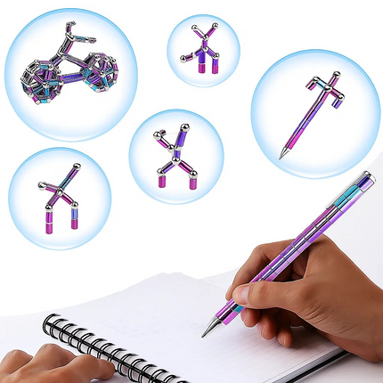 Colorful pen with interlocking design elements and a hand holding it over a notebook.