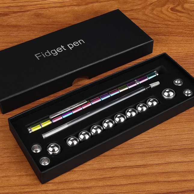 Fidget pen set with colorful components in a black box on a wooden surface magnetic pen