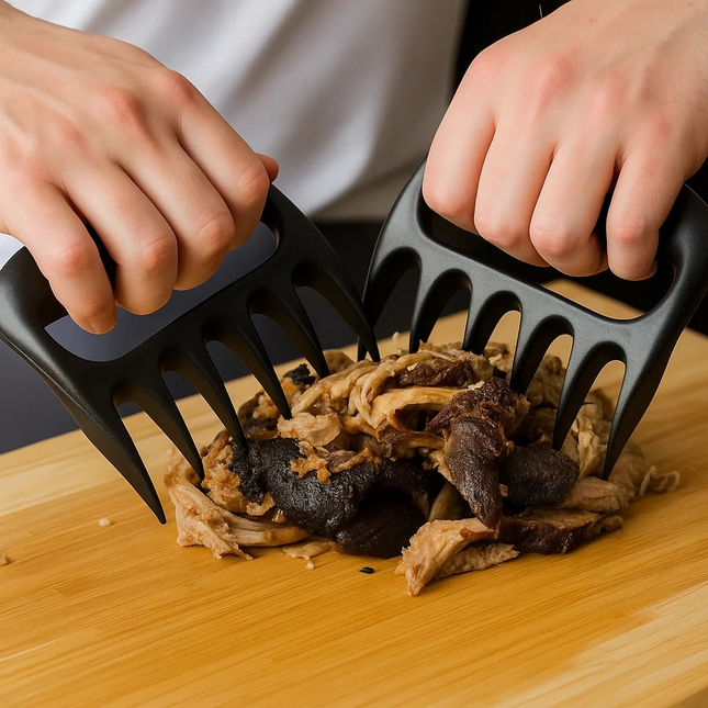 Person using black meat shredders on cooked meat on a wooden cutting board