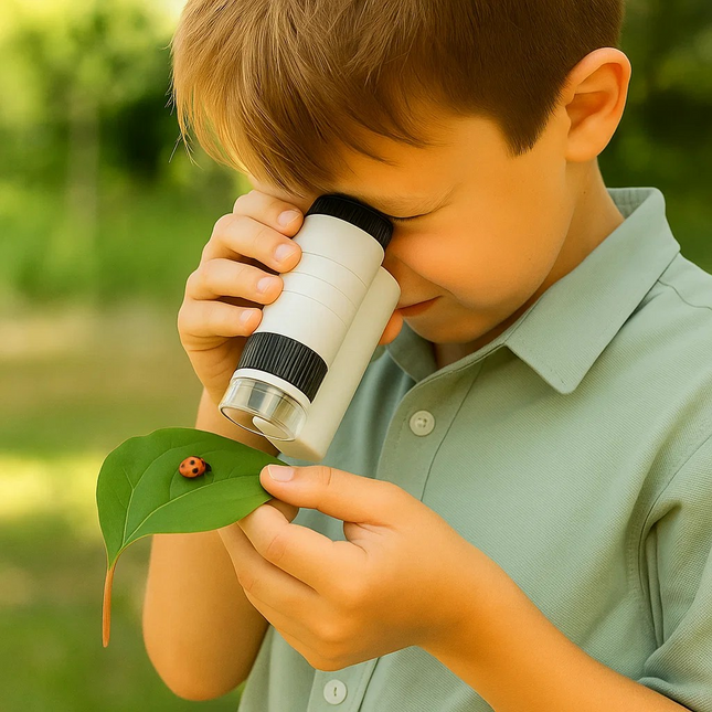Child using a magnifying glass to look at a ladybug on a leaf outdoors