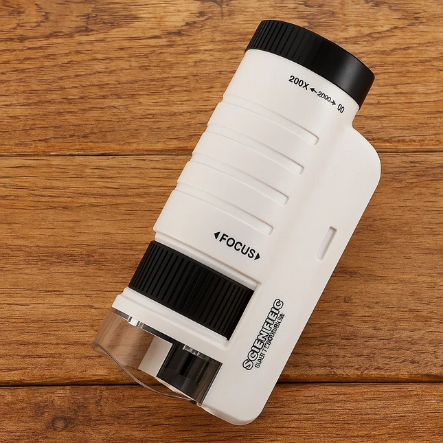 White handheld magnifier with black accents on a wooden surface mini microscope kids toy