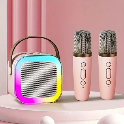 Mini Portable Karaoke Speaker System – LED Disco Lights & Two Wireless Microphones for Ultimate Party Fun! 🎤🎶✨