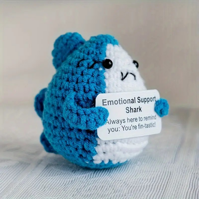 Crochet Shark Doll – Handmade Wool Plush with Positive Message for Ocean-Themed Decor