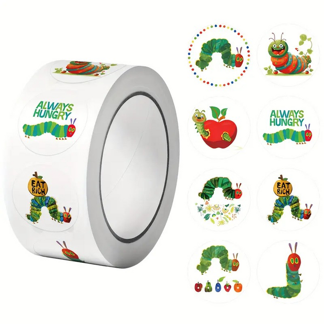 Caterpillar Stickers Roll – Fun Colourful Designs for Kids (500 Stickers, 2.5cm)