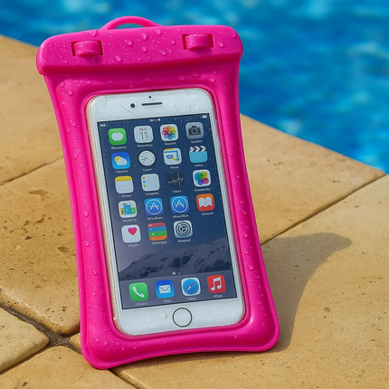 Phone in a pink waterproof case on a pool ledge