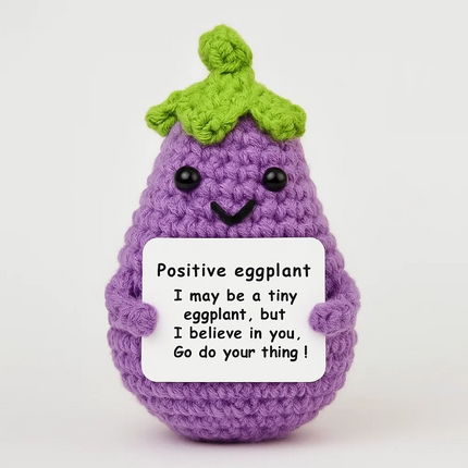 Positive crochet eggplant plush – cute handmade toy with 'I believe in you' message sign – Lowkey.co.nz New Zealand gift store