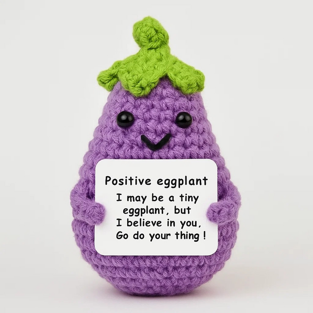 Positive crochet eggplant plush – cute handmade toy with 'I believe in you' message sign – Lowkey.co.nz New Zealand gift store