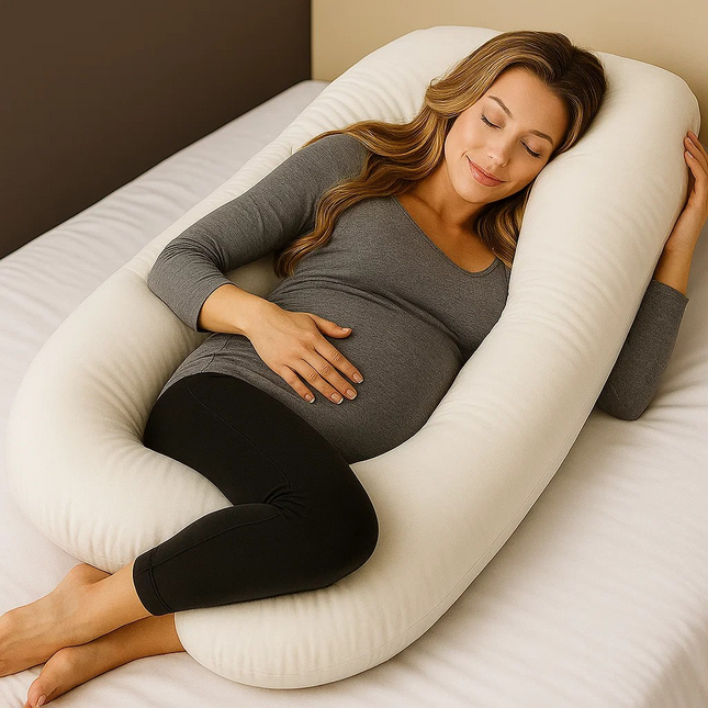 Pregnant woman lying on a large U-shaped pillow on a bed. new zealand