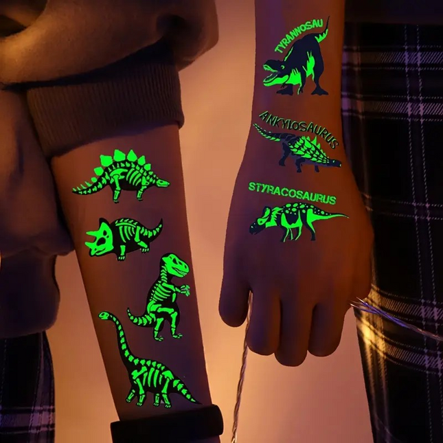 Glow-in-the-Dark Dinosaur Temporary Tattoos – 10 Sheets of Waterproof, Luminous Dino Fun! 🦖✨