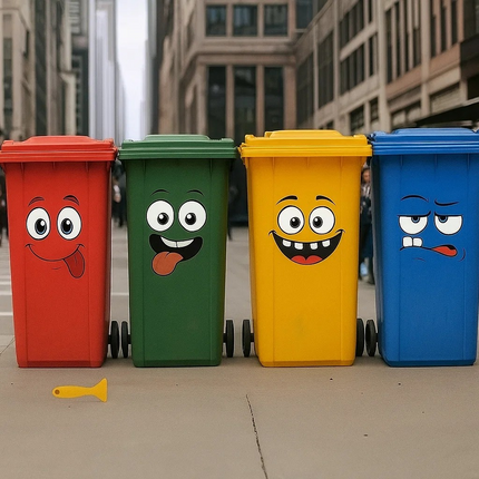 Rubbish bin fun face stickers 4 piece set – decorative cartoon decals for wheelie bins and recycling bins – Lowkey.co.nz New Zealand gift store