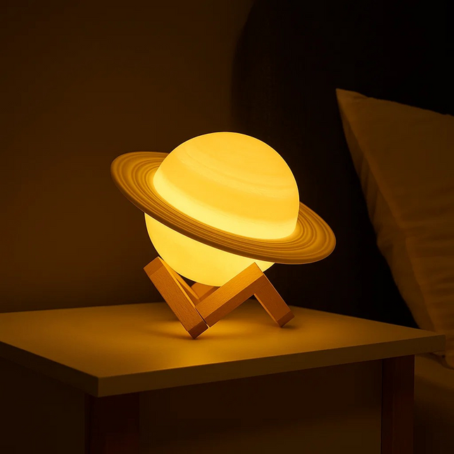 saturn led lamp with wood stand glow