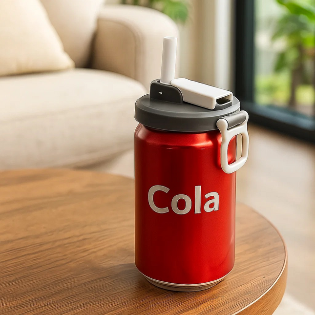 Red 'Cola' insulated bottle with straw lid on a wooden table