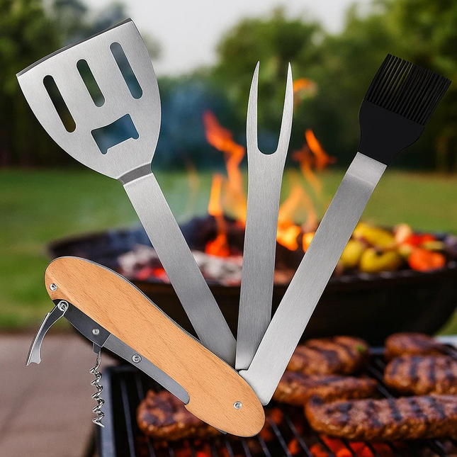 folding travel Barbecue tool set with wooden handle, spatula, fork, and brush on a grill with food and flames in the background.