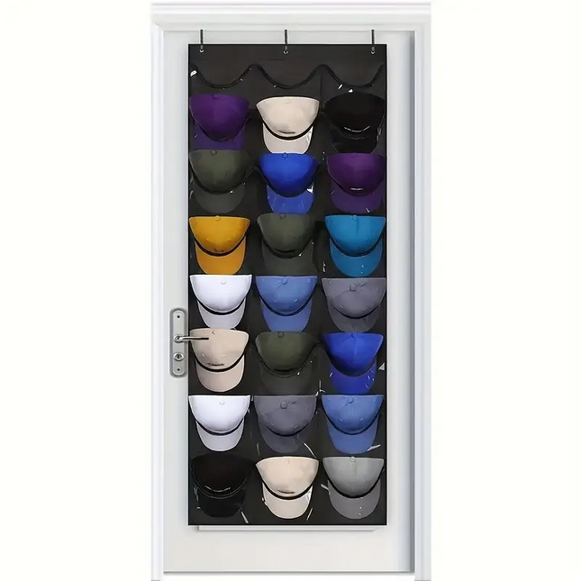 Over-the-Door Hat Rack with 24 Deep Pockets – Cap Organizer & Baseball Cap Holder with 3 Hooks, Visible Storage for Hats & Accessories