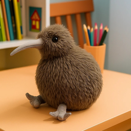 Plush kiwi bird toy on a child's desk with books and stationery in the background
