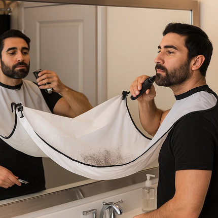 Man shaving his beard with a trimmer in front of a mirror, wearing a white beard  bib.