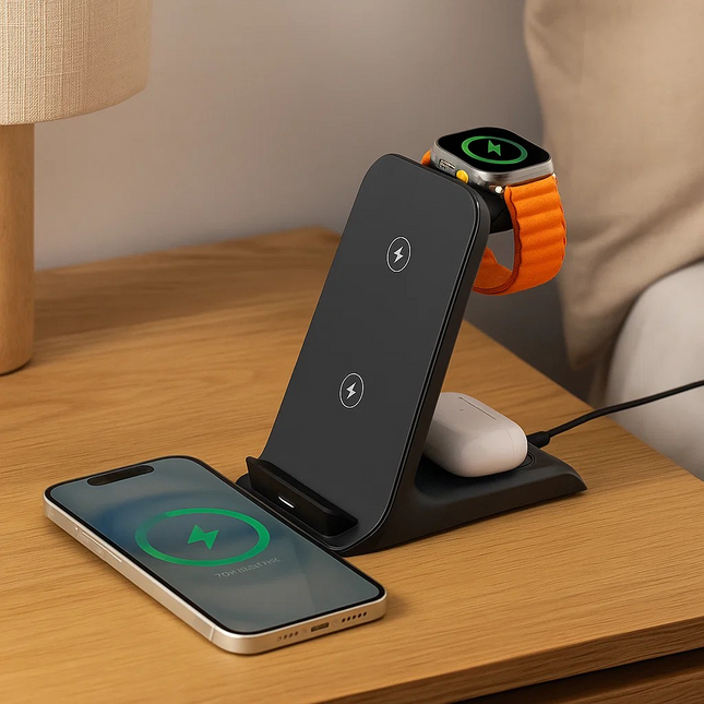 Wireless charging stand with smartphone, smartwatch, and wireless earbuds on a wooden surface.