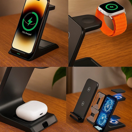 Collage of wireless charging stands with phone, watch, and earbuds on a wooden surface.