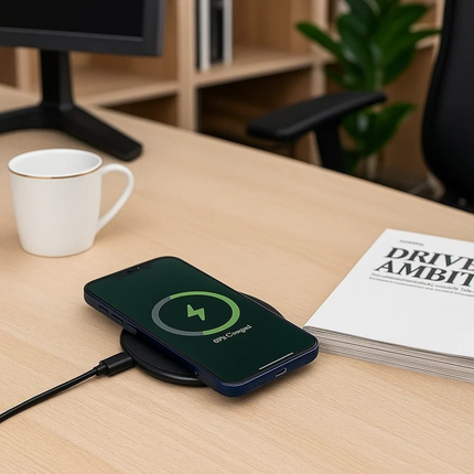 Phone on a wireless charger on a desk with a cup and magazine in the background