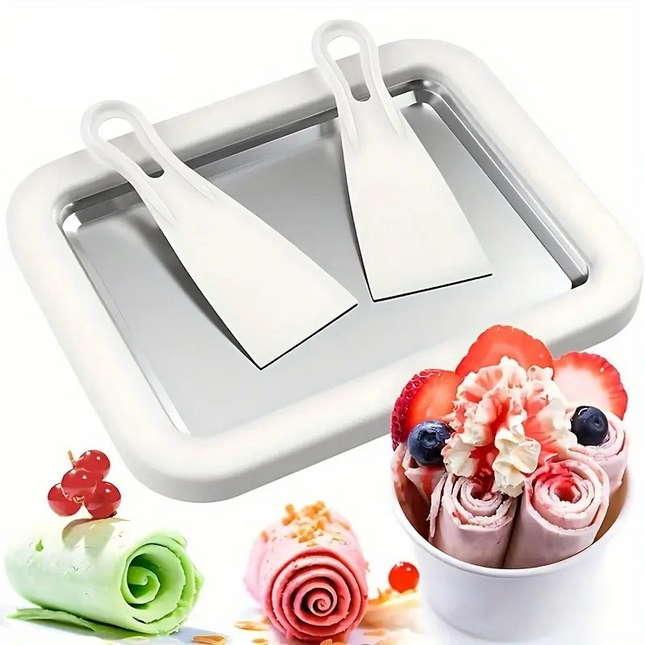 Manual Ice Cream Maker – Stainless Steel Frozen Yogurt Roll Pan with Dual Scrapers